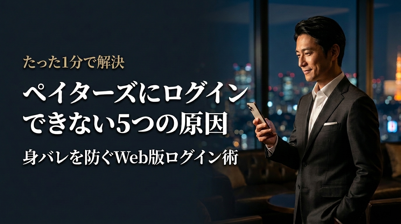 夜のラウンジで余裕の表情でスマホを操作するスーツの男性。ペイターズにログインできない5つの原因と解決策、身バレを防ぐWeb版の活用法を解説したアイキャッチ画像。