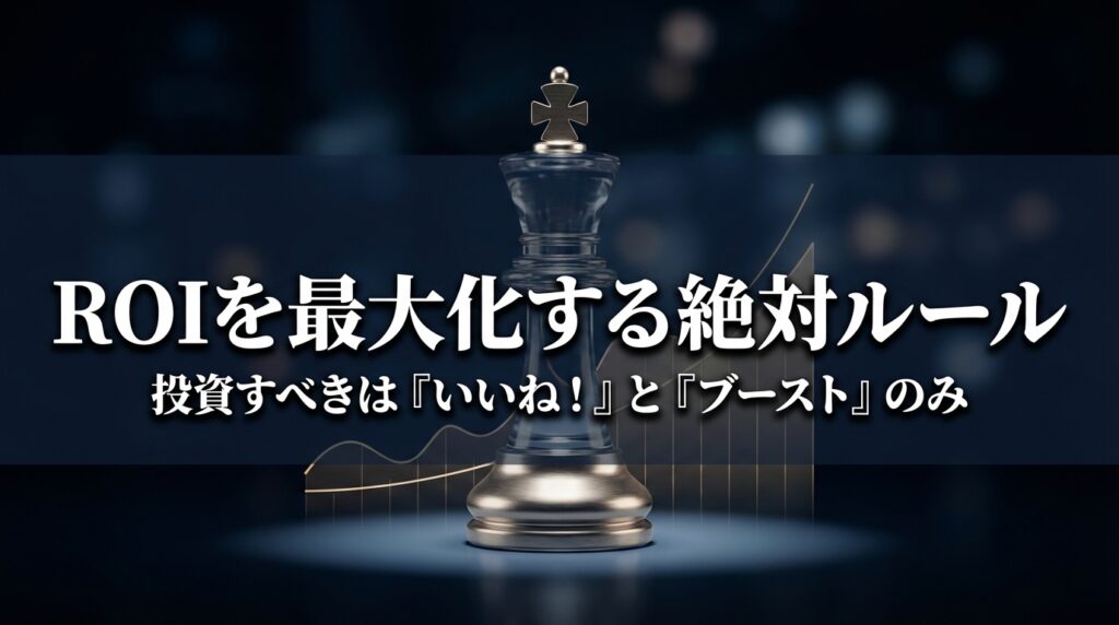 チェス盤とグラフを背景に、ペイターズで投資対効果（ROI）を最大化するポイントの使い道を解説する画像。いいねとブーストへの投資を推奨している。