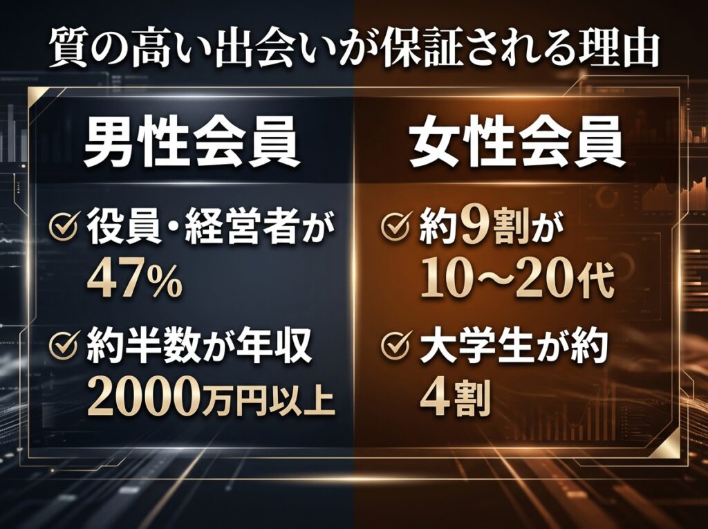 ペイターズの会員属性の比較図。男性は約半数が年収2000万円以上の経営者層、女性は約9割が10〜20代であることを示している。
