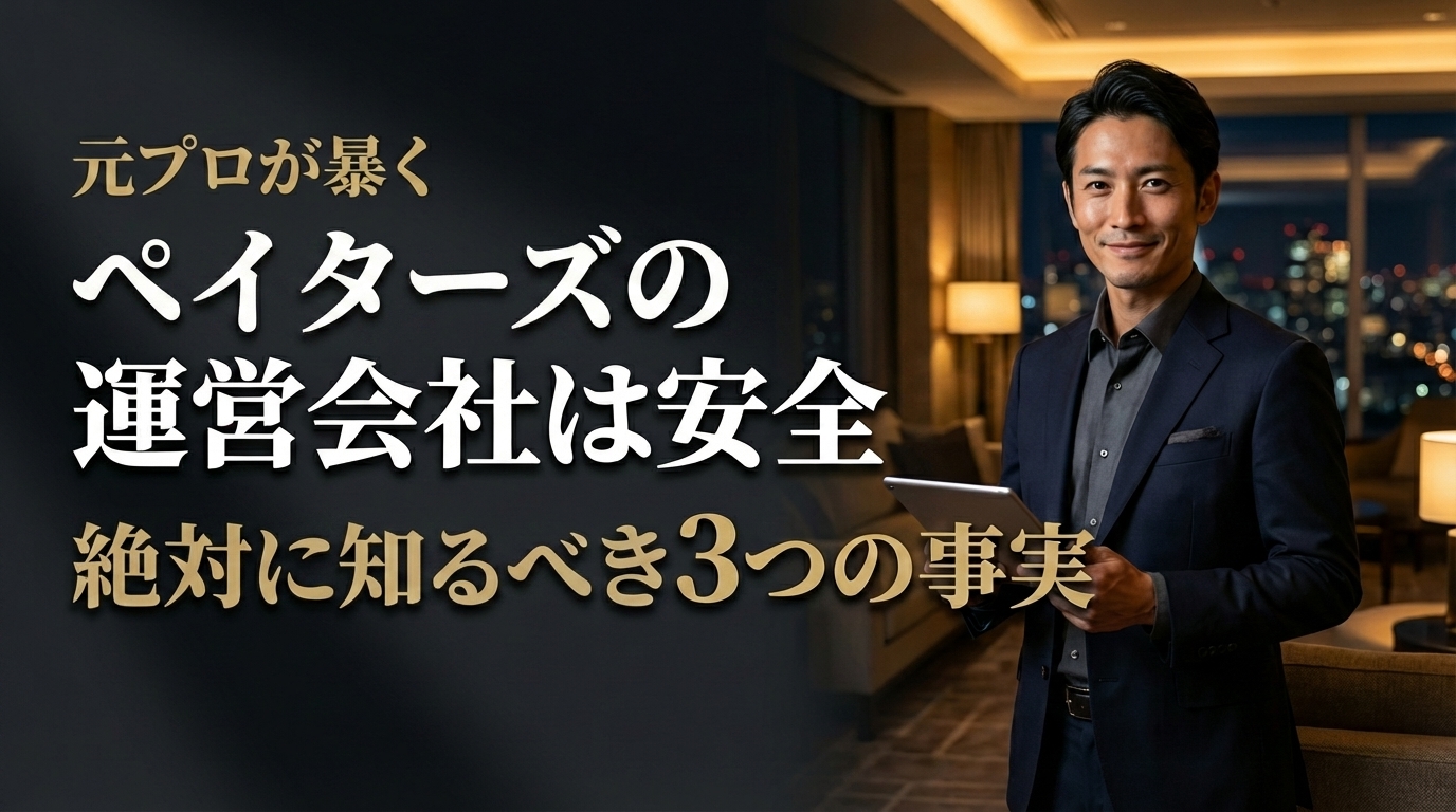 高級ホテルのラウンジでタブレットを見るダークスーツの男性。ペイターズの運営会社の安全性について元プロが暴く3つの事実を解説するアイキャッチ画像