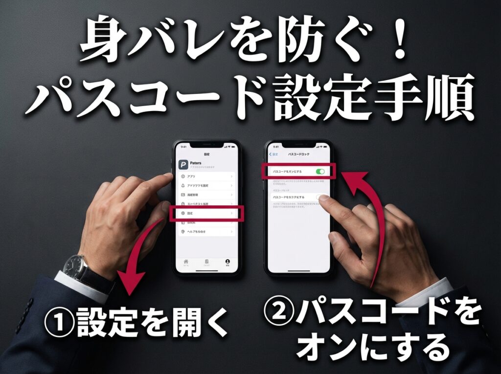 ペイターズアプリのパスコード設定手順を示す図解。設定画面からパスコードロックをオンにする流れを解説している。