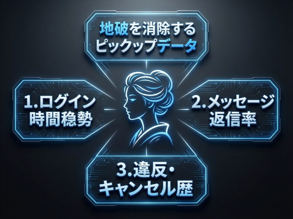 ペイターズのピックアップデータで分かる3つの指標（ログイン時間の傾向、メッセージ返信率、違反・ドタキャン歴）の図解。業者や地雷女性を排除するリスク管理の方法を示している。