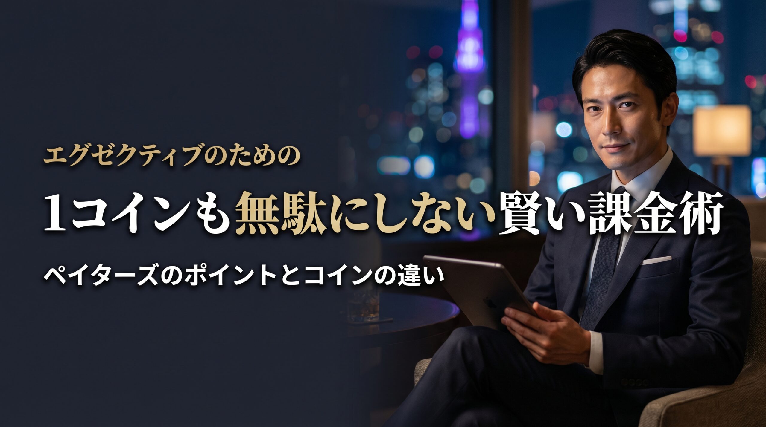 夜の高級ラウンジでタブレットを操作するダークスーツの男性。ペイターズのポイントとコインの違いと、無駄のない賢い課金術を解説する記事のアイキャッチ画像。