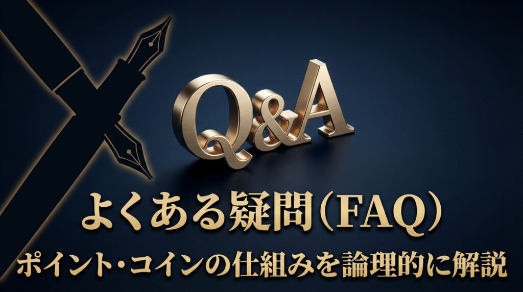 万年筆とQ&Aのタイポグラフィ。ペイターズのポイントとコインに関するよくある疑問（FAQ）に論理的に回答する見出し画像。
