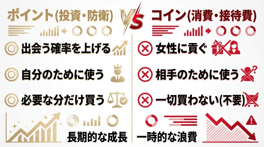 ペイターズのポイントとコインの違いを比較した図解。ポイントは自分のための投資、コインは女性への無駄な消費であり不要であることを示している。