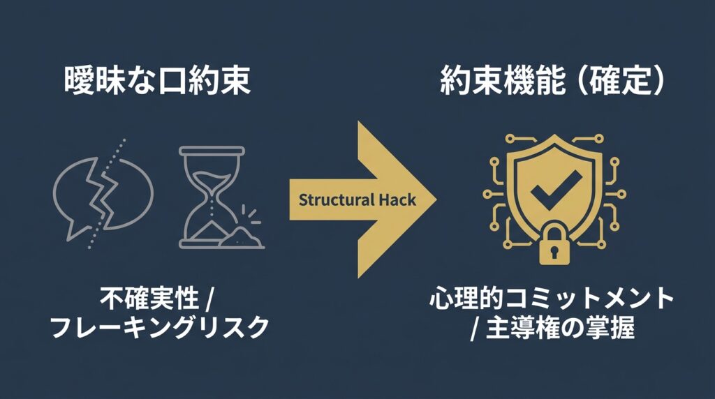 ペイターズの約束機能を「電子契約」として活用し、曖昧な口約束によるドタキャンリスクを排除して主導権を握る関係逆転の構造図