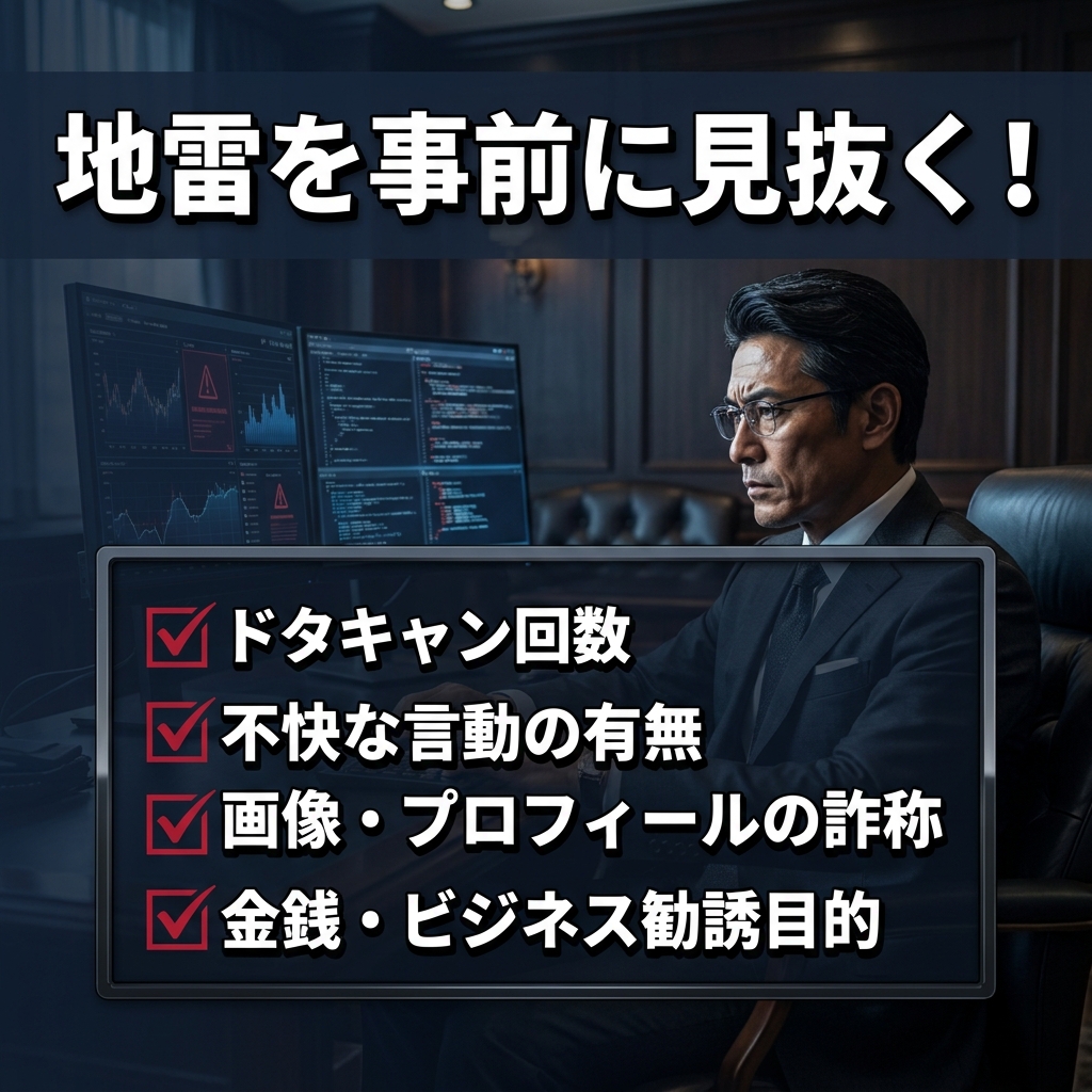 ペイターズのピックアップデータで地雷ユーザーを見抜くための4つの確認項目（ドタキャン回数、不快な言動、画像詐称、金銭目的）をまとめた図解。