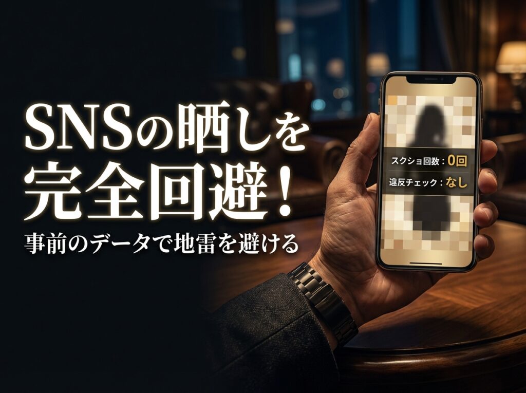 スマホ画面にスクショ回数や違反チェックが表示されているイメージ。ペイターズのピックアップデータ機能でSNSの晒しを事前に回避できることを示す図解。