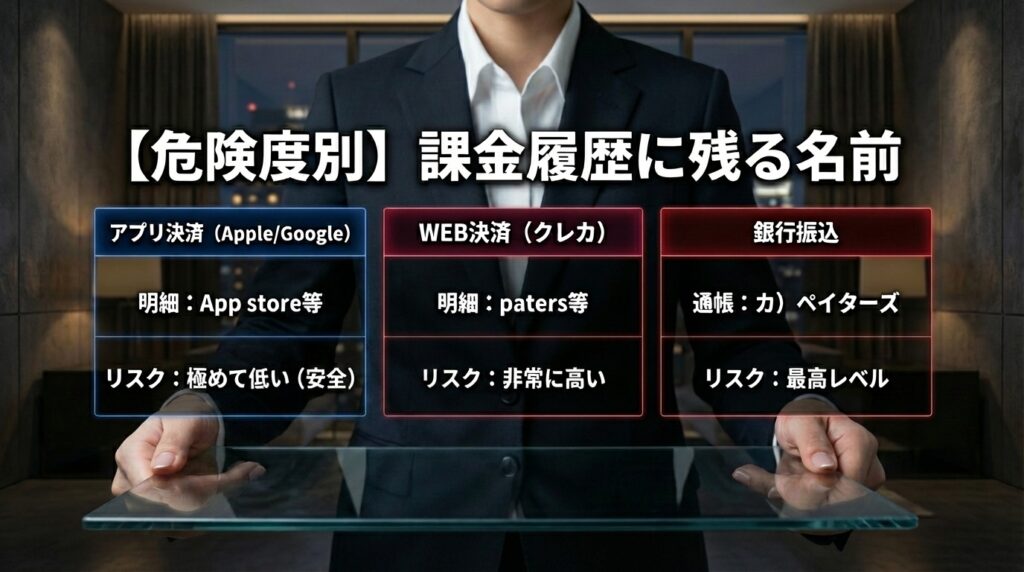 ペイターズの支払い方法別の明細記載と身バレリスクの比較表。アプリ決済が最も安全で、WEB決済や銀行振込は危険であることを示している。