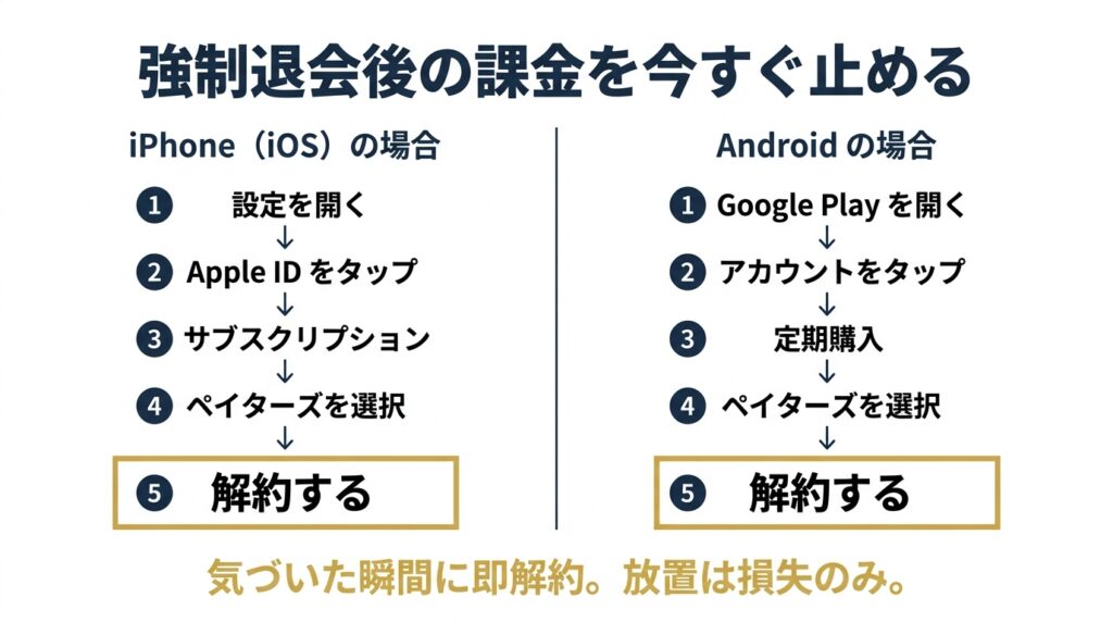 ペイターズ強制退会後のiOS・Android別サブスク解約手順図