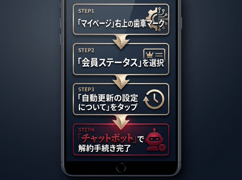 ペイターズのクレジットカード決済（WEB課金）における解約手順。マイページからチャットボット経由で自動更新を停止する4つのステップを図解。
