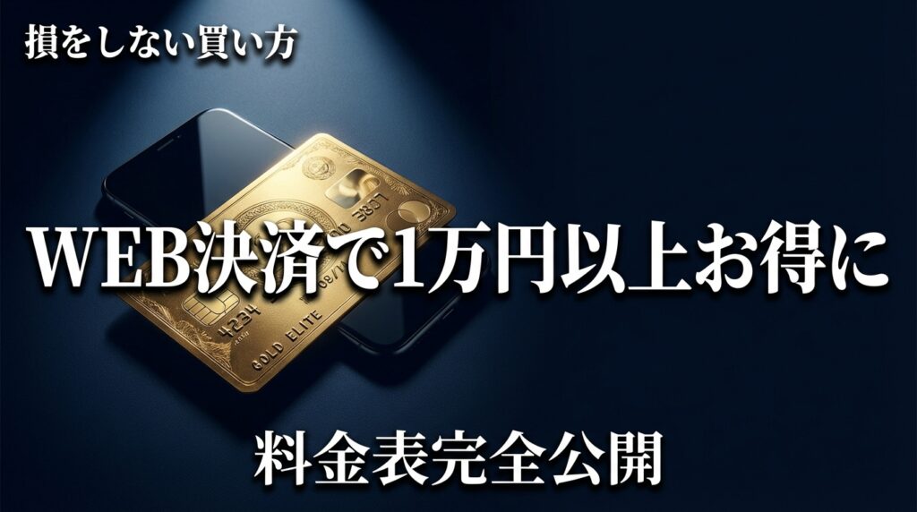 ゴールドのクレジットカードとスマートフォンのシルエット。ペイターズで1万円以上お得になるWEB決済の買い方と料金表を解説する見出し画像。
