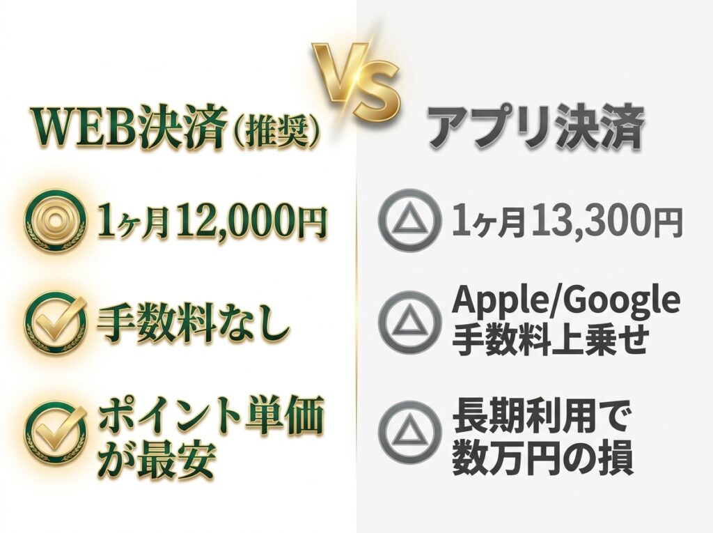 ペイターズのWEB決済とアプリ決済の料金比較表。WEB決済の方が月額料金やポイント単価が安く設定されていることを示している。