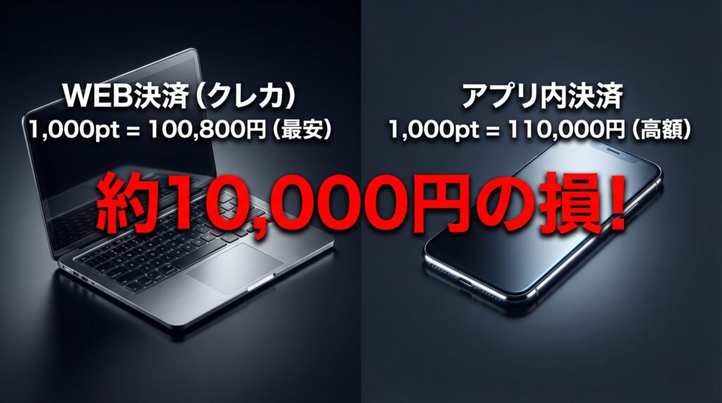 ペイターズにおける1000ポイント購入時の決済方法別の料金比較図解。WEB決済は100,800円、アプリ内決済は110,000円となり、約1万円の損になることを示している。