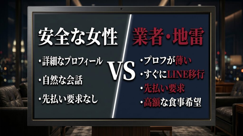 安全な女性と、業者や地雷女性のプロフィール写真、メッセージ、デート場所の特徴を比較した表。
