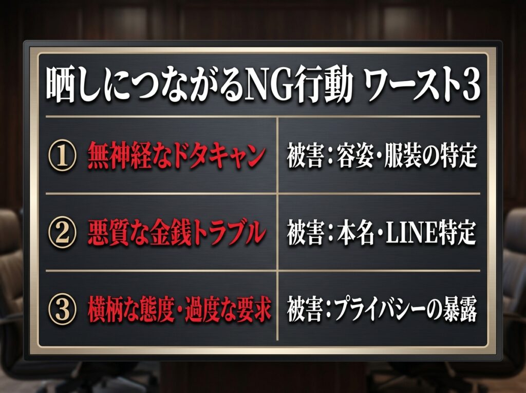 ペイターズの掲示板で晒される原因となるNG行動ワースト3（ドタキャン、金銭トラブル、横柄な態度）とその被害内容をまとめた比較表。