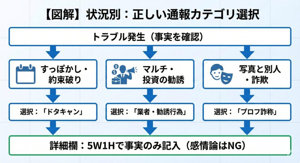 ペイターズで男性が女性を通報する際の正しいカテゴリ選択フロー図。ドタキャン、勧誘、詐称など、トラブル状況に応じた適切な違反項目を選ぶまでの流れを解説。