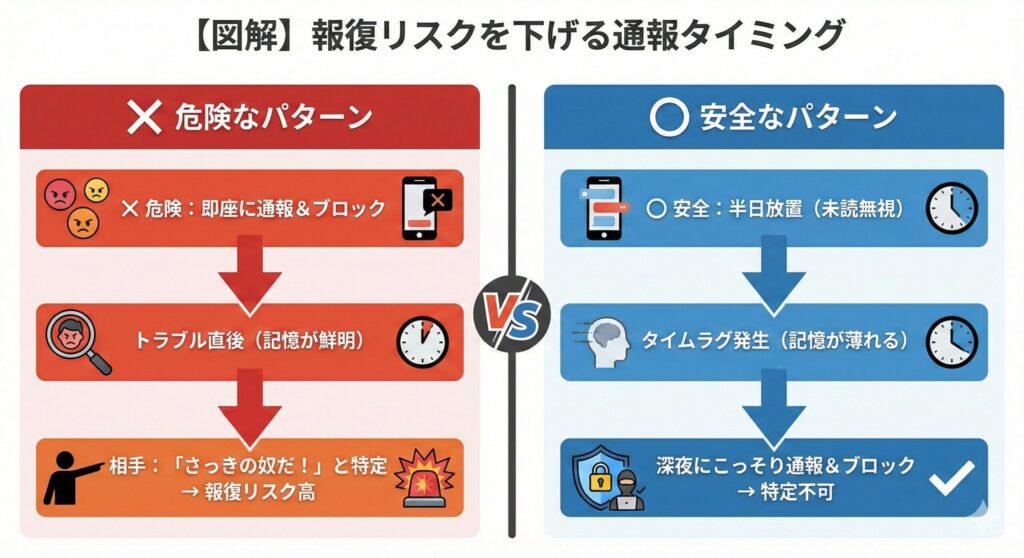 ペイターズで通報がバレないためのタイミング比較図。トラブル直後の「即座に通報」は特定され危険だが、「半日放置後」のタイムラグ通報は安全であることを示すフローチャート。