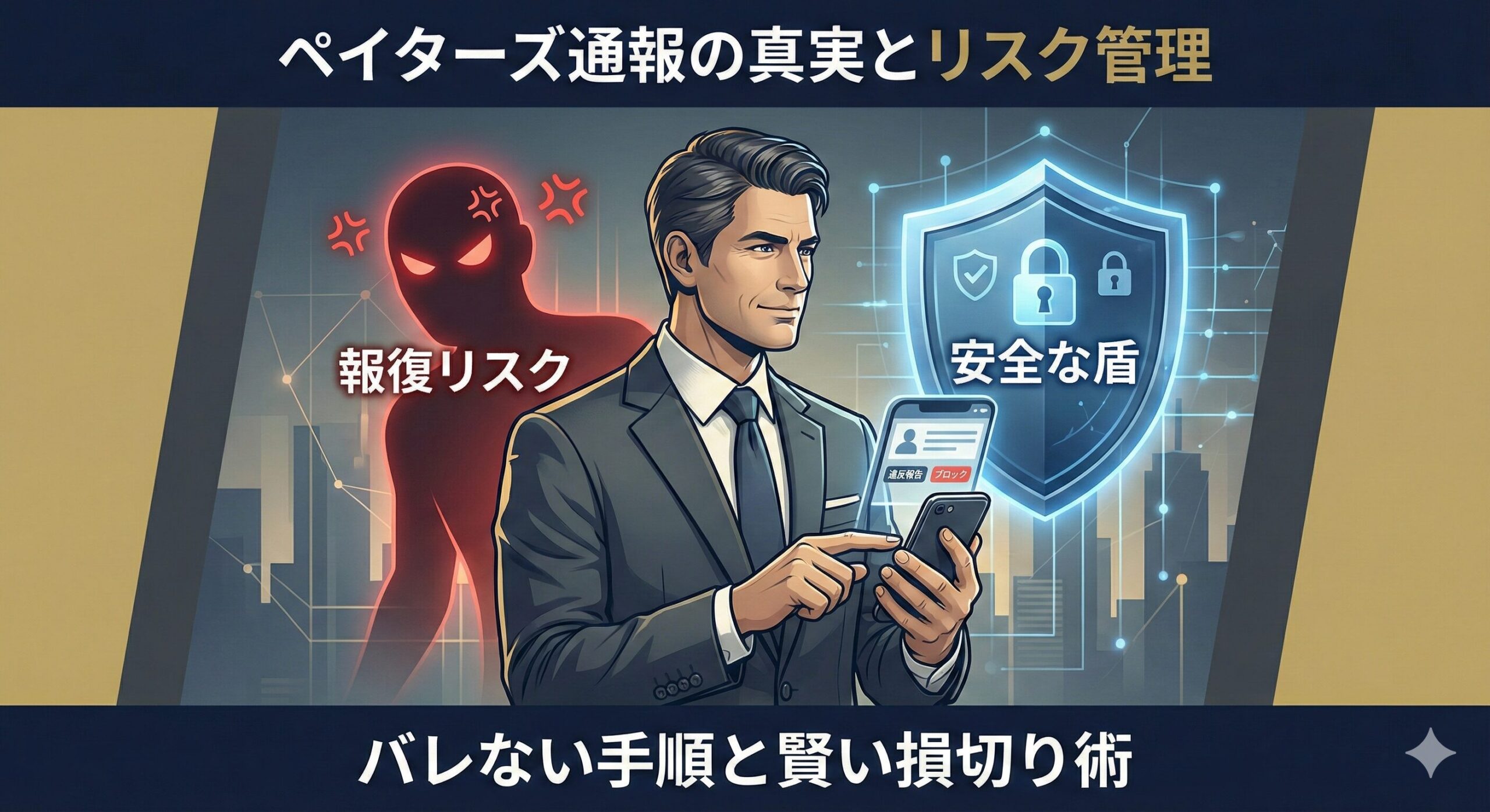 ペイターズで通報する際の「バレるリスク」と「安全な報復回避術」を象徴するイメージ画像。スマートフォンを持つ経営者風の男性が、リスクを賢く回避して損切りする様子を表現。