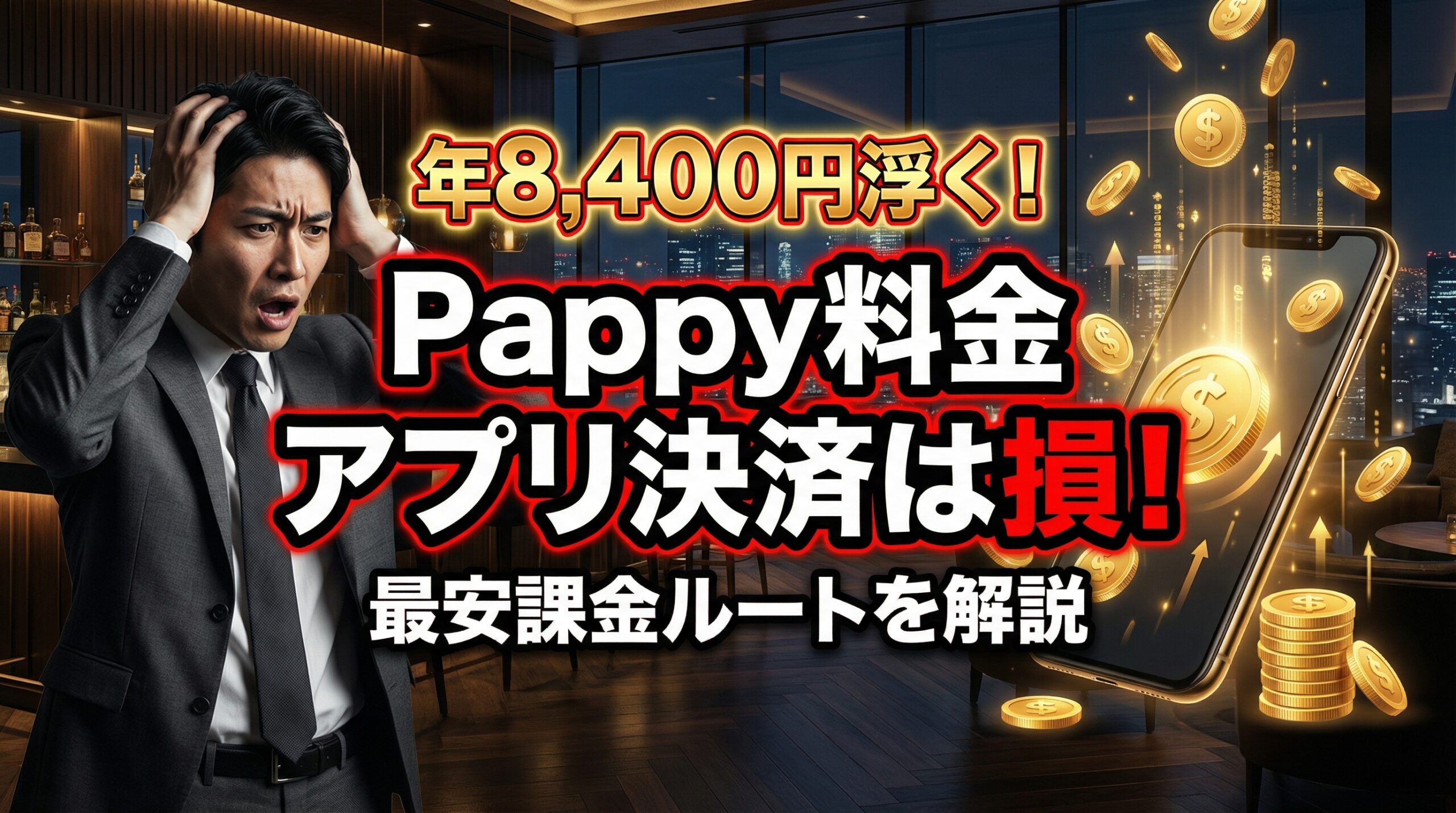 Pappy(パピー)の料金比較アイキャッチ。アプリ決済よりWeb決済の方が年間8,400円安いことを警告するデザイン。左に困った男性、右にお得なスマホと金貨。