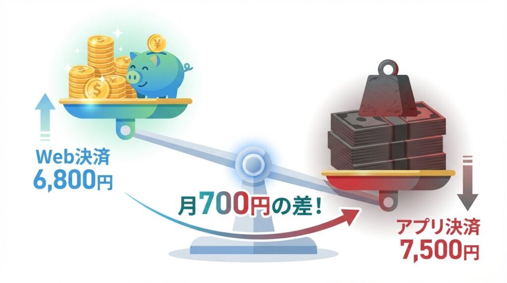 Pappyの料金比較図解。Webブラウザ決済なら月額6,800円だが、アプリ内決済だと7,500円になり月700円損をする天秤のイラスト。