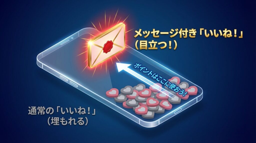 Pappyの攻略イメージ図。大量の「いいね」に埋もれず、ダイレクトメッセージなら女性の通知画面で目立つことができる比較イラスト。