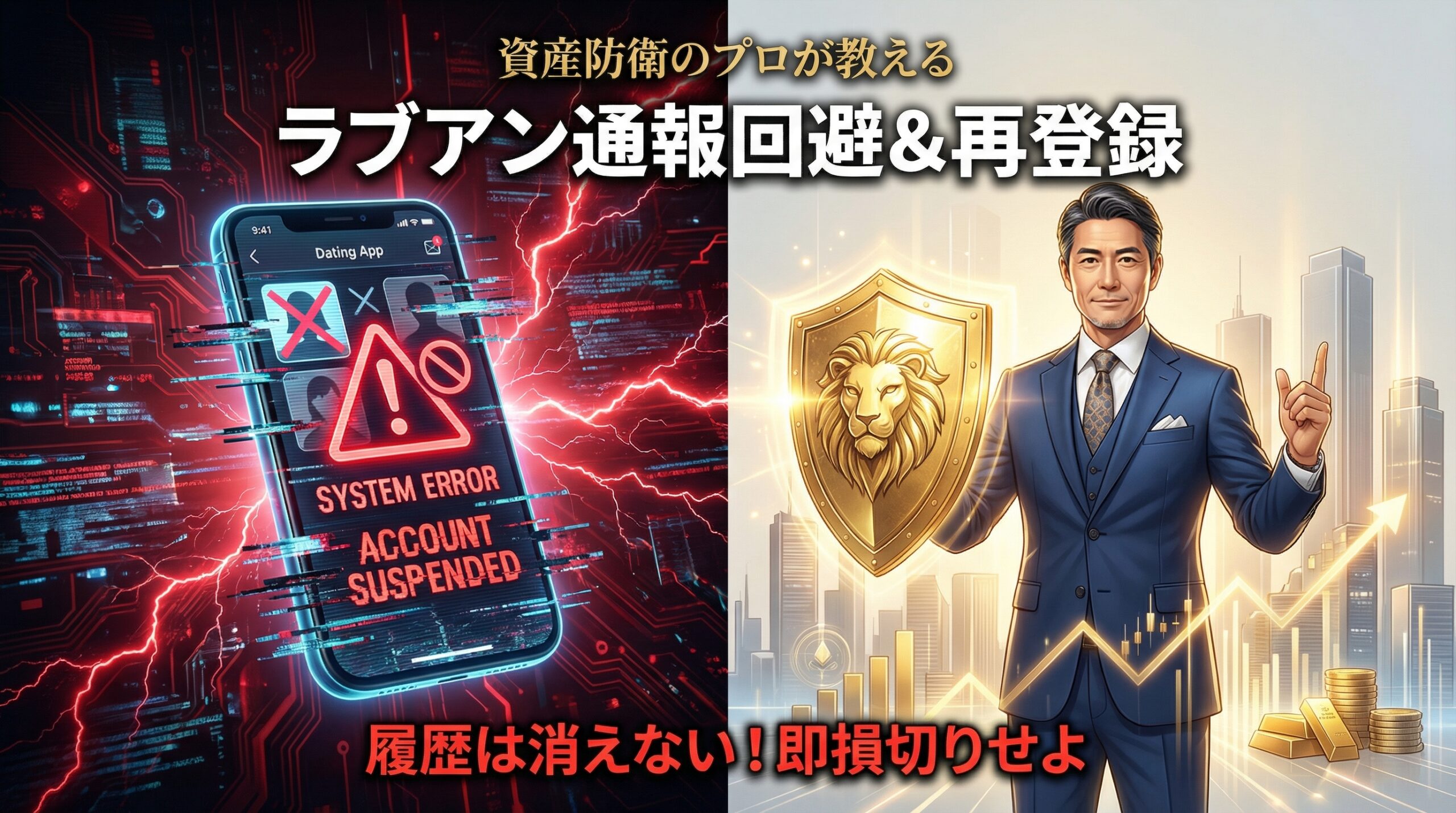 ラブアン（LoveAn）で通報された際のリスク回避と再登録手順を解説した記事のアイキャッチ画像。スマホの警告画面と資産を守る盾のイメージ。