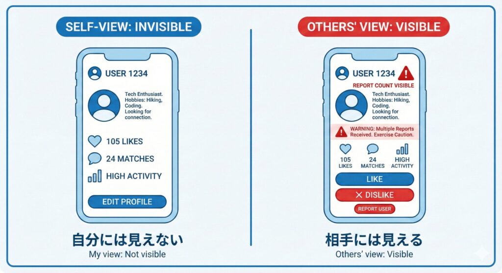 ラブアンの通報回数の見え方比較図｜自分からは確認できないが相手からは警告マークが見える仕様