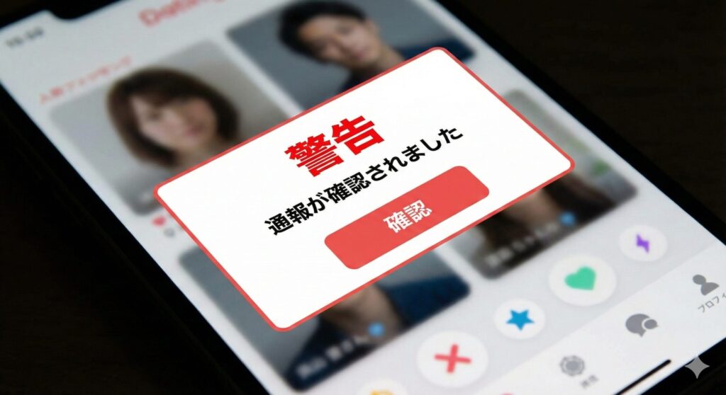 ラブアン運営からの警告通知画面イメージ｜通報が確認されましたというポップアップ表示と凍結リスク