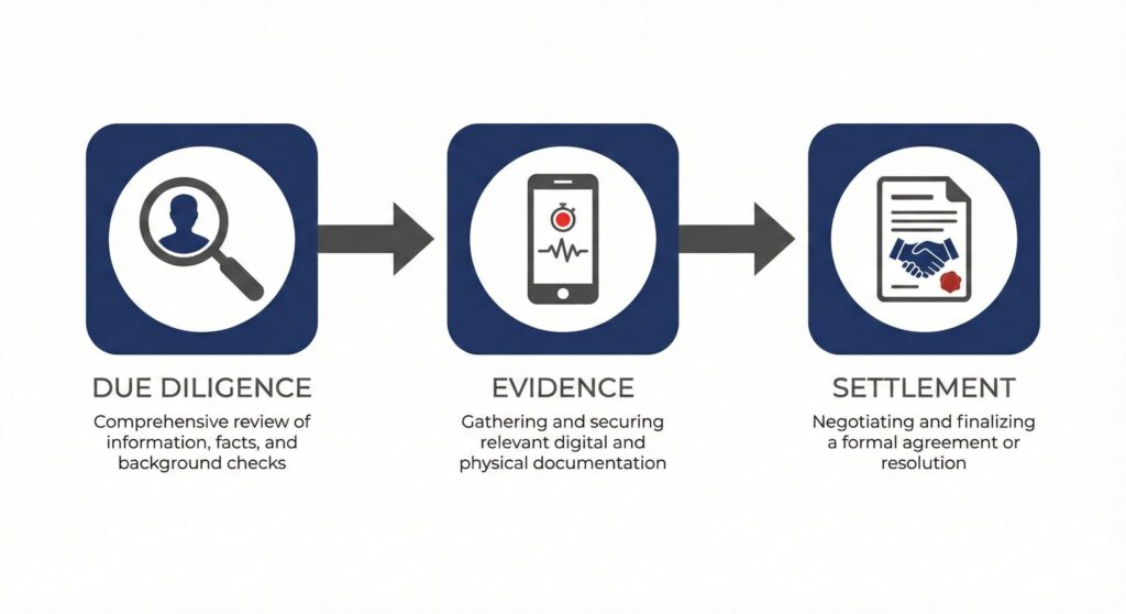 パパ活のリスク管理3ステップフローチャート。1.デューデリジェンス（虫眼鏡）、2.証拠保全（スマホ）、3.示談書（握手と書類）。