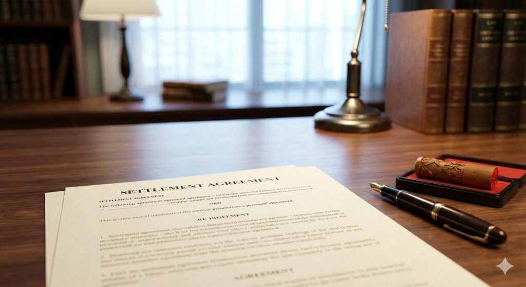 机の上に置かれた清算条項付き合意書（示談書）と万年筆、印鑑。トラブル解決の準備が整った様子。