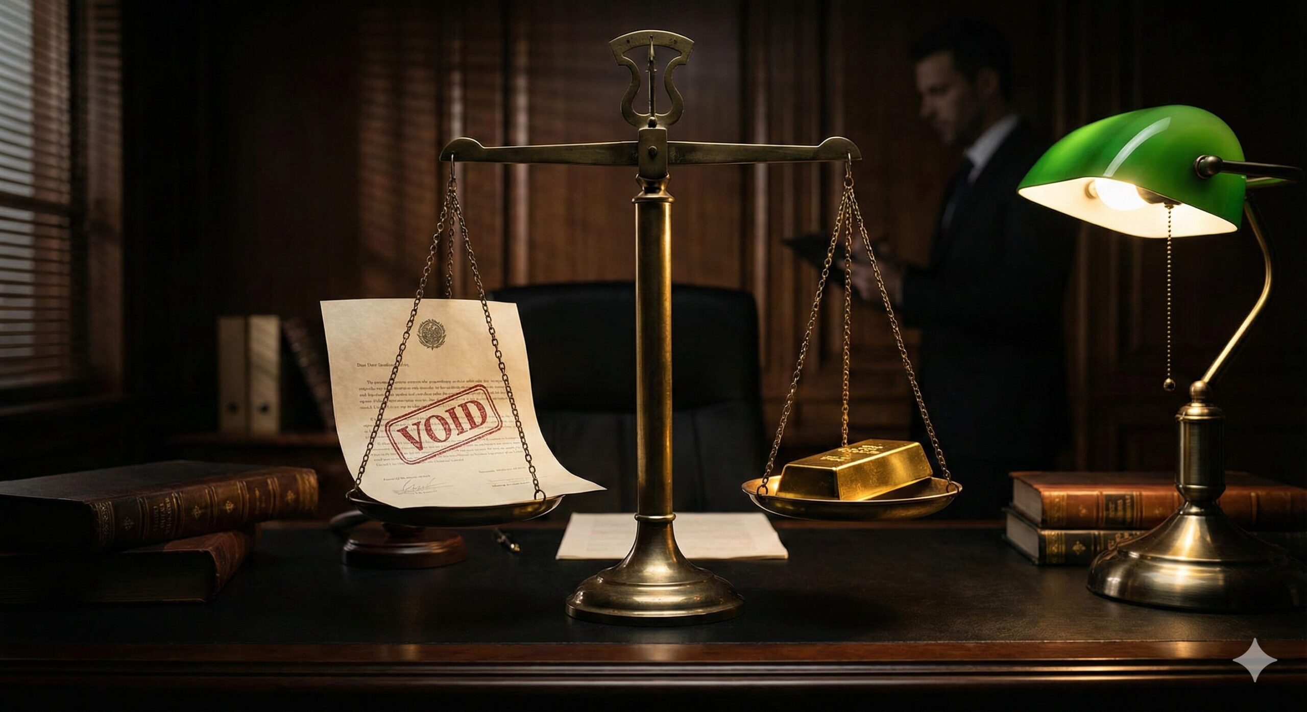 天秤に乗せられたパパ活契約書と金塊。契約書には赤字で無効（VOID）のスタンプが押されているイメージ。