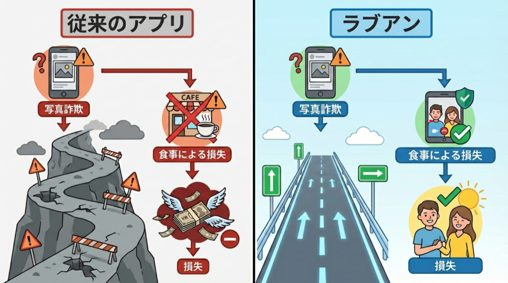 従来のパパ活アプリとラブアンの仕組み比較図。従来は写真だけで会うため失敗リスクが高いが、ラブアンは動画とオンライン確認を経て会うためリスクをゼロにできることを示すフローチャート。