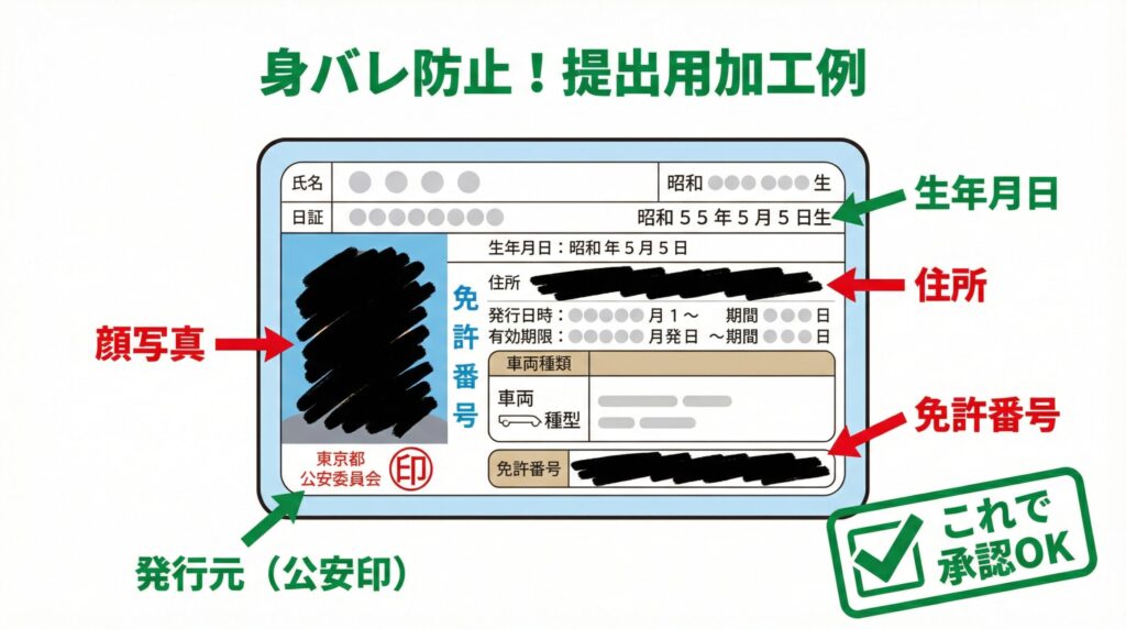 ラブアンの年齢確認における身分証提出のマスキング事例。運転免許証の顔写真、住所、番号を隠し、生年月日と発行元だけを見せる正しい加工方法の解説図。