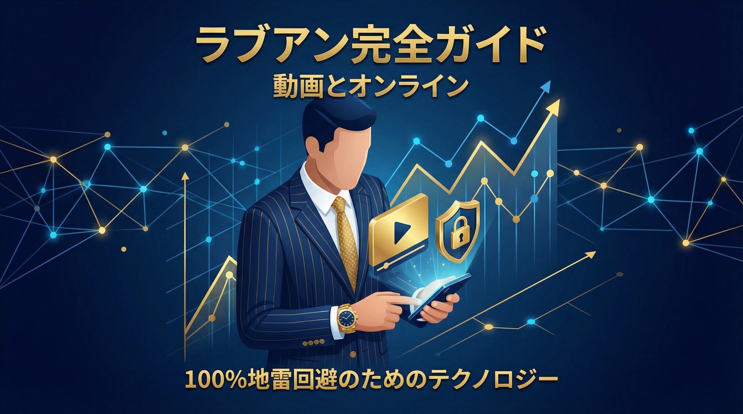 ラブアン（LoveAn）完全攻略ガイド。スーツ姿の男性がスマートフォンで動画を確認し、リスクを管理しながらパパ活を行うイメージイラスト。