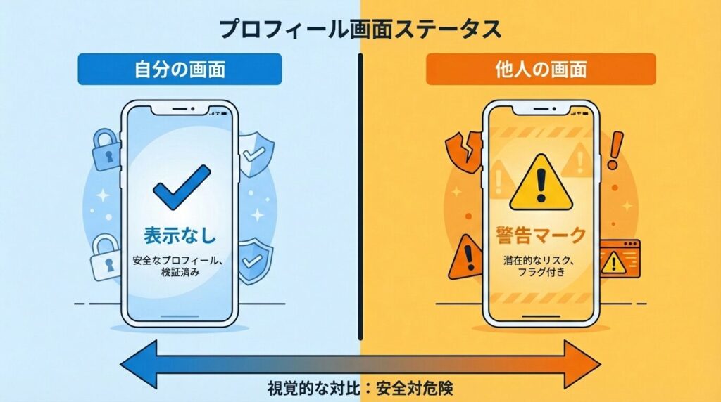 ラブアンのプロフィール画面比較図。自分の画面では通報履歴が見えないが、他人（プラチナ会員）からは警告マークが見えている状態の対比。