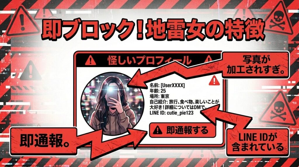 ラブアンに潜む業者や地雷女性（通報魔）のプロフィール特徴まとめ。写真加工、ID記載、攻撃的な文章などのチェックポイント。