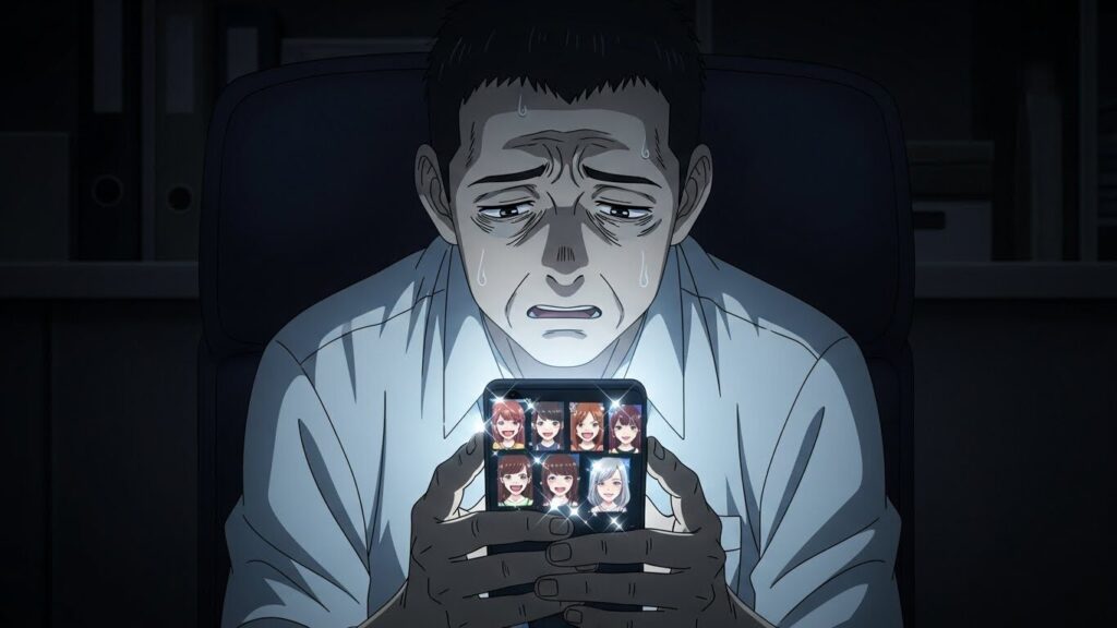 マッチングアプリの写真詐欺に失望する男性のイラスト