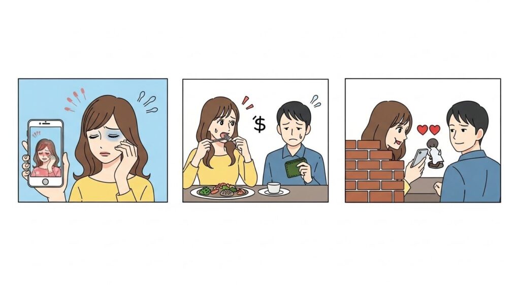 マッチングアプリの地雷女性(写真詐欺・メシモク・会話なし)の特徴イラスト