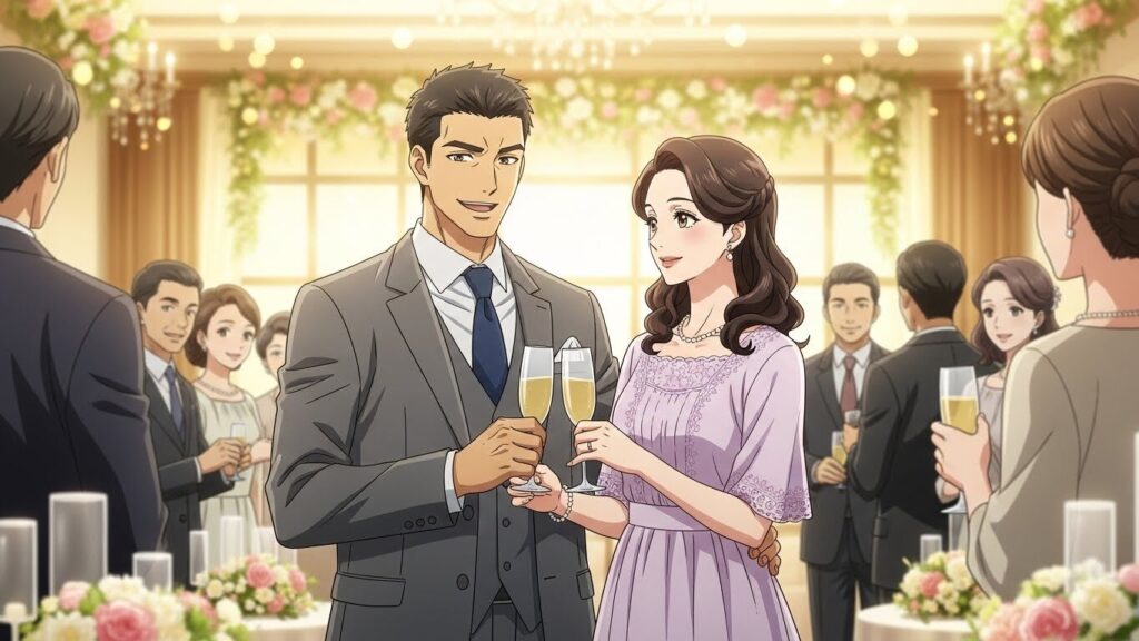 マッチングアプリで出会ったパートナーと結婚式に出席する未来のイラスト