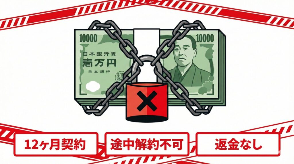 長期契約の解約リスクを示すイメージ（鎖につながれたお金）
