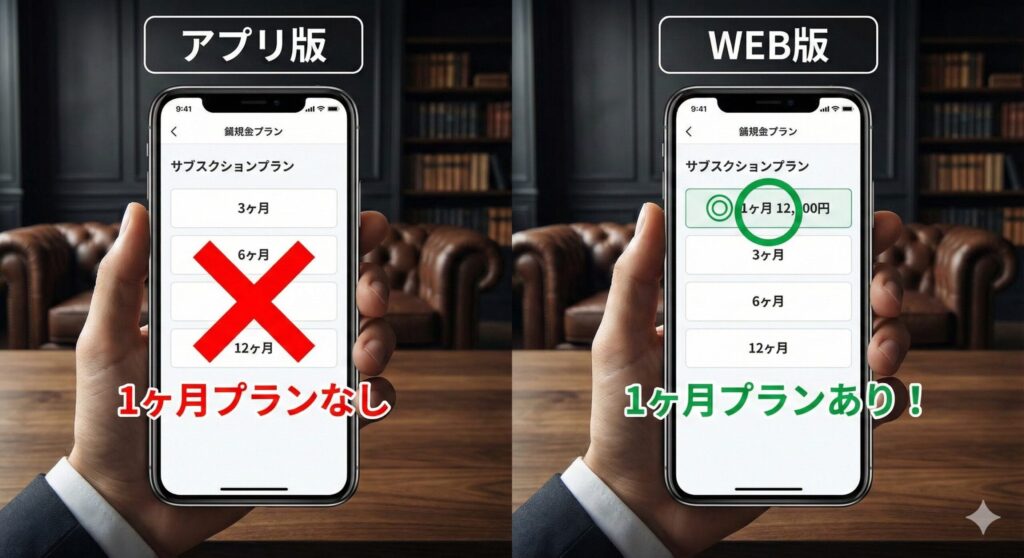 ペイターズのアプリ版とWEB版の料金プラン表示の違いを比較した図解