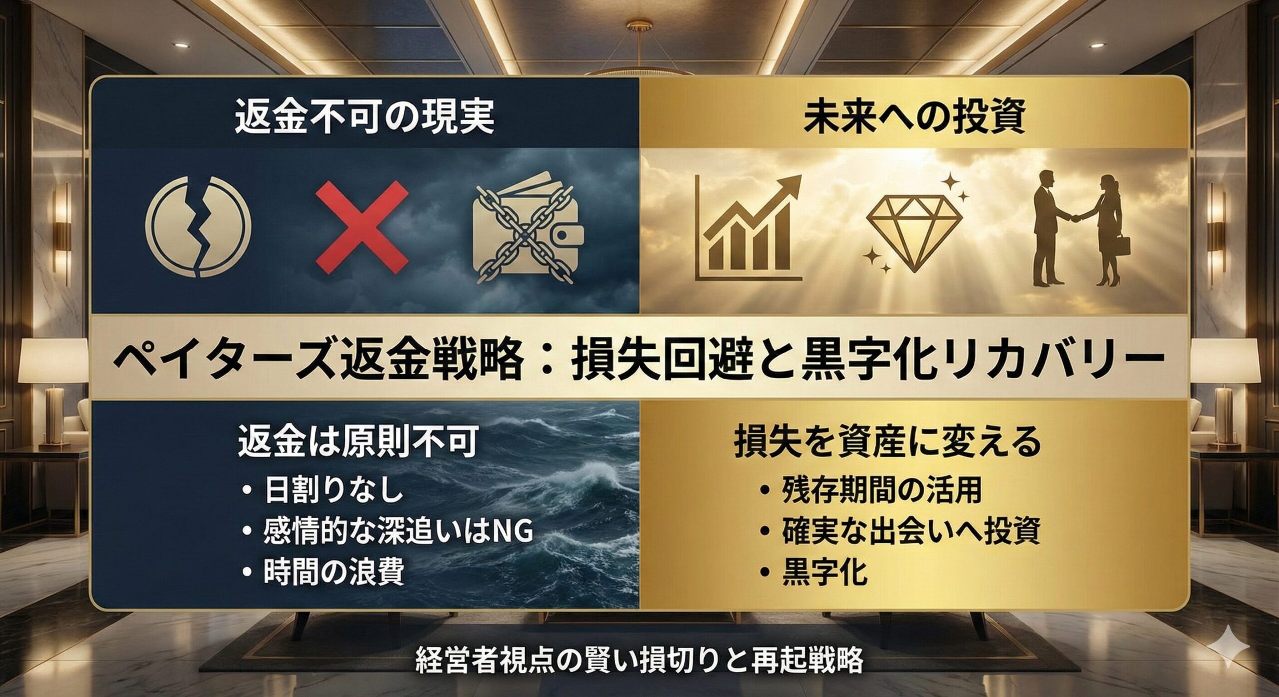 ペイターズの返金不可という現実と、その損失を出会いという価値に変えて回収する戦略を示したイメージ図。