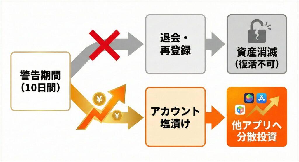 イエローカード期間中の正しい立ち回りを示すフローチャート。アカウント削除を避け、他アプリへ一時的に移行するリスクヘッジ戦略。