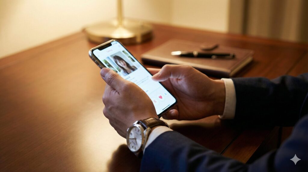 スマートフォンでペイターズを操作するビジネスマンの手元
