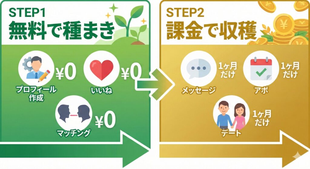 ペイターズで無料期間に準備し課金で収穫する2ステップ戦略の図解