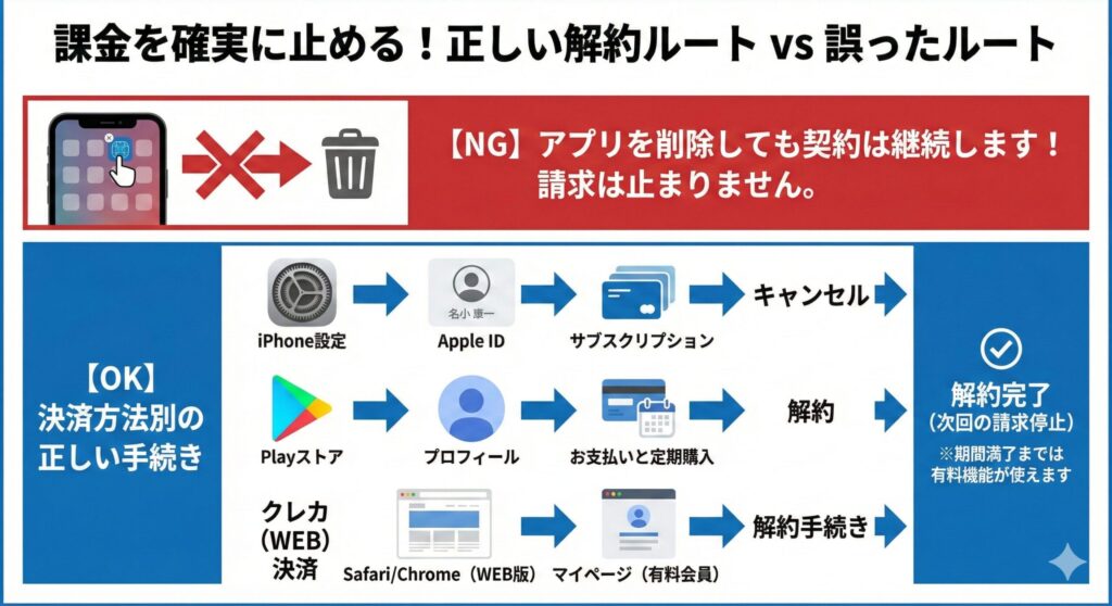 ペイターズの正しい解約方法と誤った方法(アプリ削除)を比較したフローチャート図。決済方法(Apple/Google/クレカ)に応じた正しい手続きルートを示す。