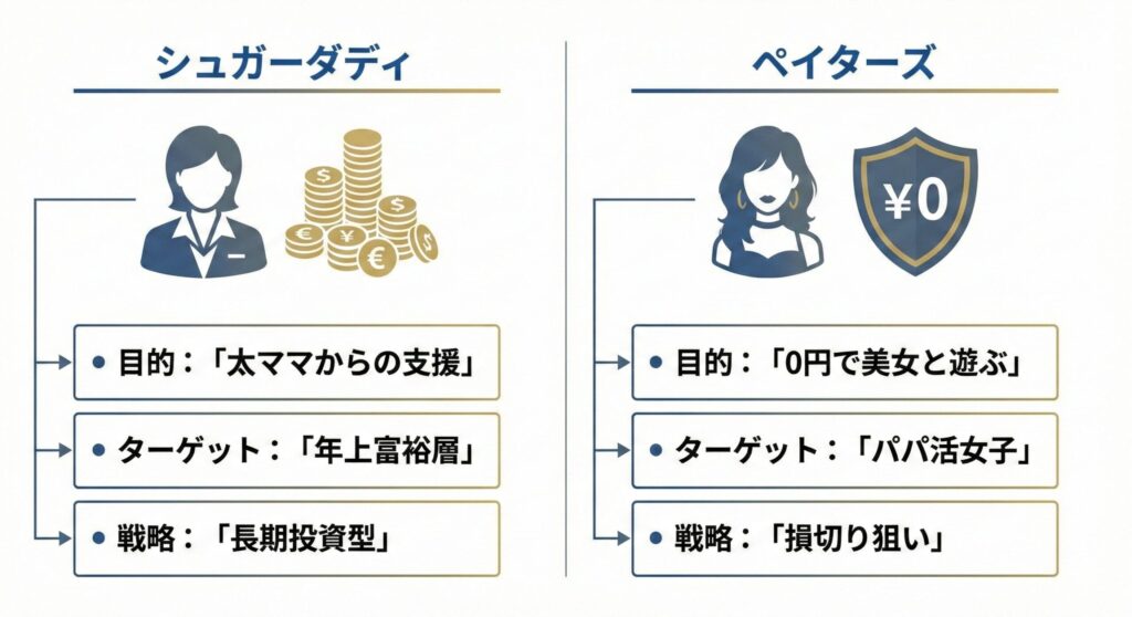 ペイターズとシュガーダディのママ活適性比較マップ。0円で美女と遊びたいならペイターズ、太ママからの支援狙いならシュガーダディという使い分けを図解。