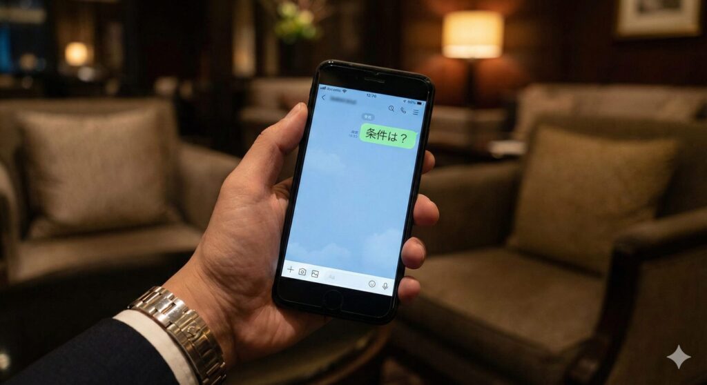 スマホ画面に「条件は？」と表示されている様子