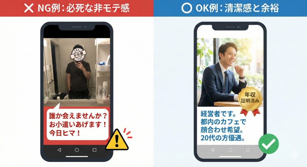 ペイターズでマッチング率を上げる写真とプロフィールのNG例・OK例比較図